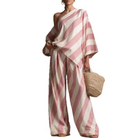 Women's Striped Print Long Sleeve Top and Wide Leg Pants Two-Piece Set