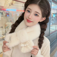 Japanese Sweet Lace Bow Plush Short Cross Scarf for Women, Thickened Warm Neck Warmer
