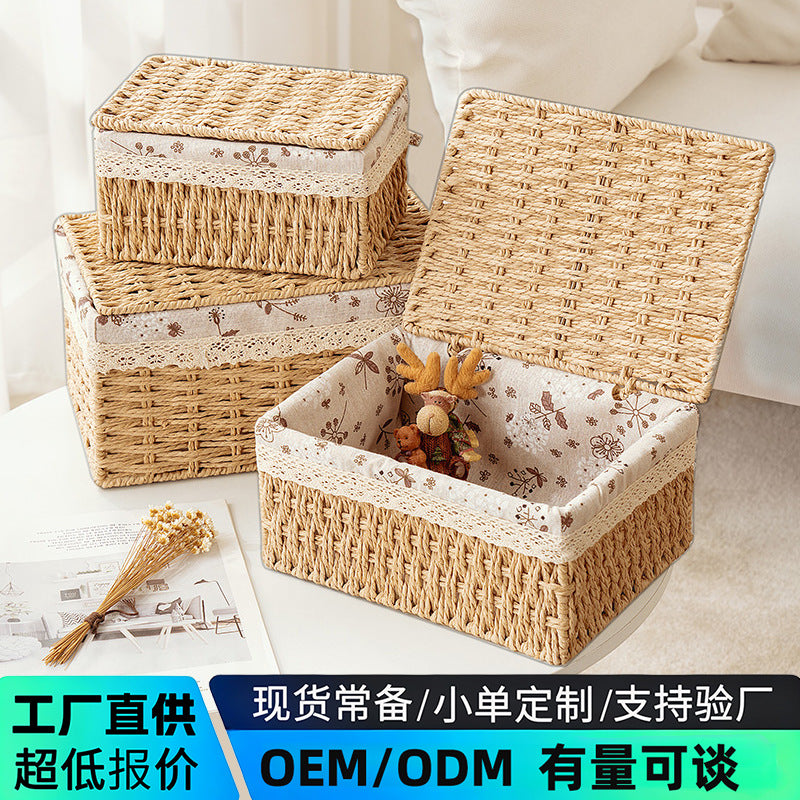 Minimalist Paper Rope Woven Storage Basket with Lid or Lidless Options for Home Decor and Organization