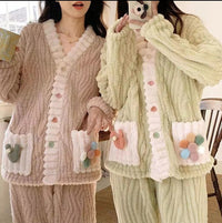 Women's Rainbow Cardigan Two-Piece Coral Fleece Pajama Set Thickened Warm Loungewear