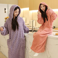 Women's Hooded Coral Fleece Robe Set Warm Jacquard Loungewear for Autumn/Winter