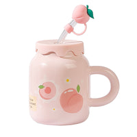 Ceramic Fruit Mug with Lid, Straw, and Handle - 400ml Cute Aesthetic Water Cup