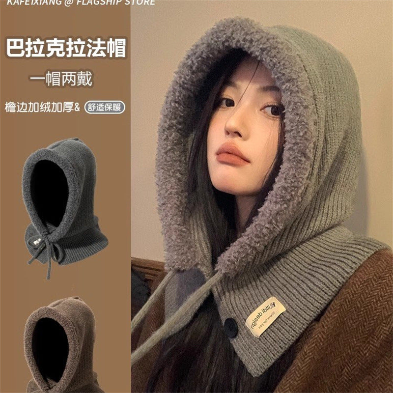 Women's Knitted Balaclava Hat with Integrated Scarf for Winter Warmth