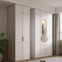 Nordic Style Solid Wood Wardrobe with Glass Doors, Integrated Desk, Storage Cabinet for Small Apartments and Rental Rooms
