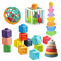 Stacking Rainbow Ring Soft Rubber Ball & Squeeze Toy Set for Babies & Toddlers