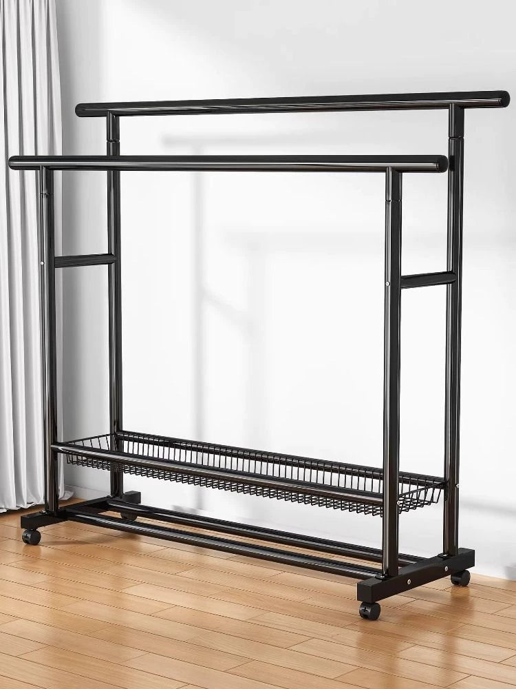 Heavy Duty Double Rod Garment Rack with Wheels, Floor Standing Clothes Hanger for Bedroom, Storage Shelf