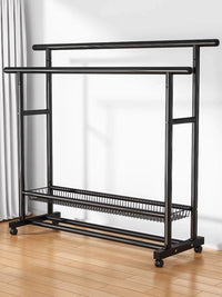 Heavy Duty Double Rod Garment Rack with Wheels, Floor Standing Clothes Hanger for Bedroom, Storage Shelf