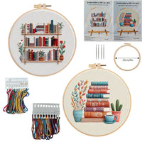 DIY Embroidery Kit with Elegant Bookshelf & Vase Patterns, English Stitch Guide
