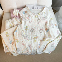 Women's Japanese Style Cloud Cotton Pajama Set with Peter Pan Collar, Long Sleeve Lace Trim Homewear