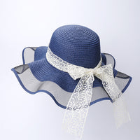 Women's Ruffled Wide Brim Sun Hat with Pearl Ribbon for Beach Vacation