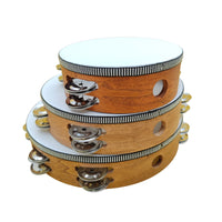 Orff Percussion Tambourine Set for Kids, Walnut Finish Hand Drum with Double Row Jingles