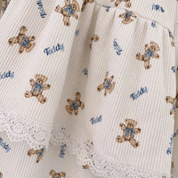 Vintage Waffle Knit Bear Bow Lace Trim Pajama Set with Headband for Girls
