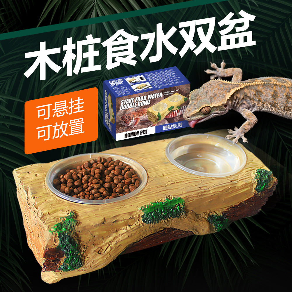 Reptile Chameleon Gecko Natural Landscape Anti-mold Chew-resistant Detachable Feeding Wood Stump with Double Bowls