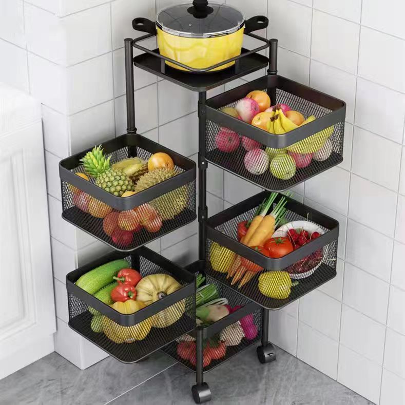 Rotatable Kitchen Storage Rack with Wheels, Multi-layer Thickened Carbon Steel for Fruits, Vegetables, and Snacks