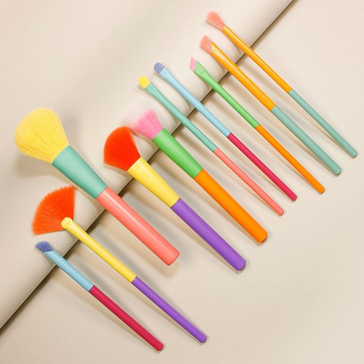 10-Piece Candy Color Makeup Brush Set with Soft Powder, Eyeshadow, Blush, Brow, and Lip Brushes