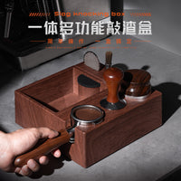 Espresso Coffee Tamper and Distributor Holder with Knock Box, ABS Wood Grain Multi-functional Tamping Station