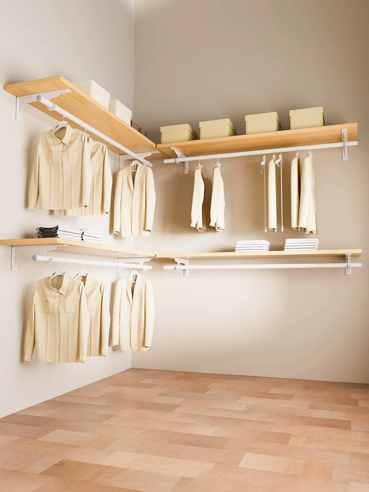Wall-Mounted Open Wardrobe System with Metal Garment Rack and Storage Shelf