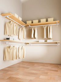 Wall-Mounted Open Wardrobe System with Metal Garment Rack and Storage Shelf