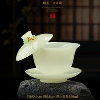 Jade Ceramic Gaiwan Tea Bowl with Suspended Lid, White Porcelain Kung Fu Tea Set Gift