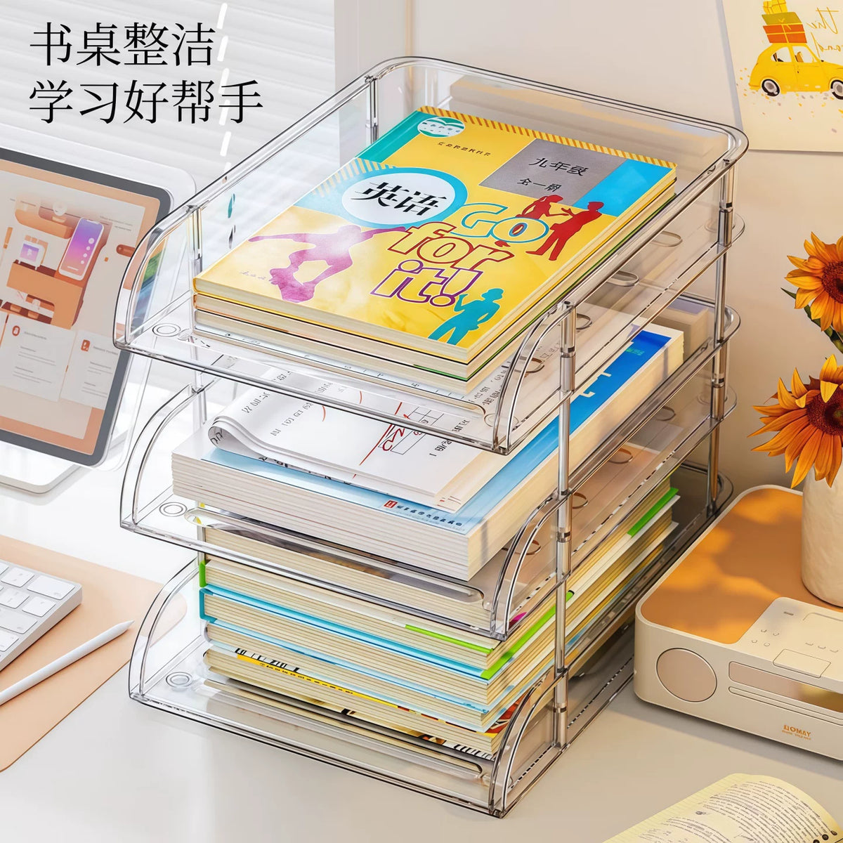 Desktop Bookshelf Organizer Clear PET Stackable Storage Rack for Office and Students