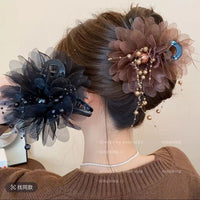 Elegant Peony Tassel Hair Claw Clip for High Crown Hairstyles