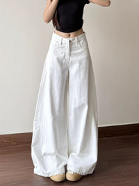 Women's White Straight Leg Low Waist Loose Fit Wide Leg Jeans