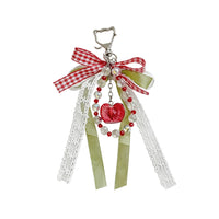 Japanese Style Cherry Bowknot Beaded Keychain Plaid Ribbon Bag Charm for Girls
