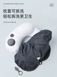 Inflatable U-Shaped Travel Pillow with Hood, Portable Neck Support for Airplane and High-Speed Rail