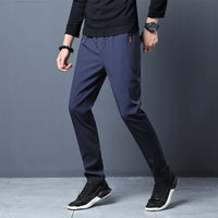 Men's Ice Silk Casual Straight-Leg Pants with Zipper, Thin Summer Breathable Elastic Trousers
