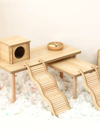 Hamster Cage Two-Story Platform Wooden Ladder Hideout House Ornament for Golden Bear Hamsters