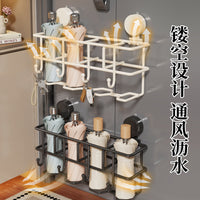 Wall-Mounted Umbrella Holder with Drip Tray and Hooks for Home Entryway