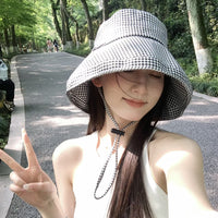 Women's Houndstooth Wide Brim Bucket Hat UV Protection Sun Hat