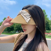 Pearl Polka Dot Bowknot Visor Sun Hat for Women, Outdoor Travel Beach Straw Hat