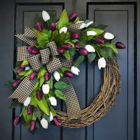 Artificial Tulip Wreath for Front Door Decor, Spring Floral Garland for All Seasons