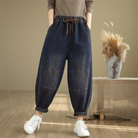Women's Vintage Distressed Denim Harem Pants with Drawstring Waist