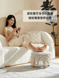 Nordic Solid Wood Stool with Cotton Rope Woven Seat, Japanese Style Round Ottoman for Living Room, Coffee Table, or Sofa Footrest