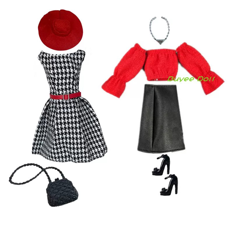 6-Point BJD Doll Clothes for 30cm Dolls - Houndstooth Skirt, Red Puff Sleeve Dress, Leather Skirt