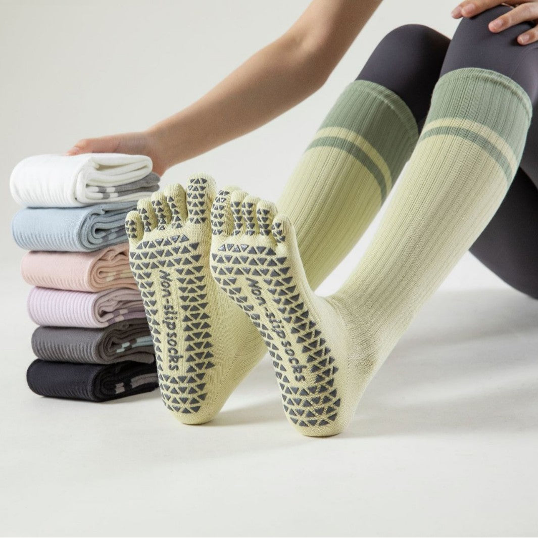 Color Block Striped Toe Yoga Socks Non-Slip Pilates Dance Home Fitness Grip Socks