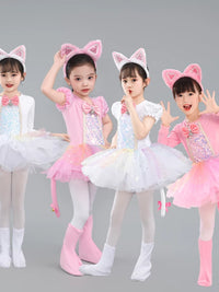 Kids Sequin Cat Costume Set with Headpiece, Foot Covers, Tail, and Bow for Dance Performance