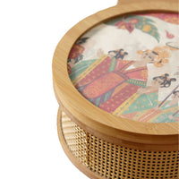 Bamboo Woven Cosmetic Storage Box with Mirror, Wooden Round Desktop Organizer