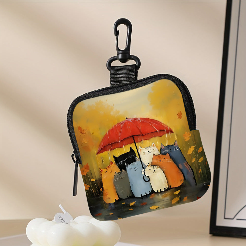 Cute Cat Print Faux Leather Coin Purse with Zipper Closure, Mini Multifunctional Storage Bag for Earphones