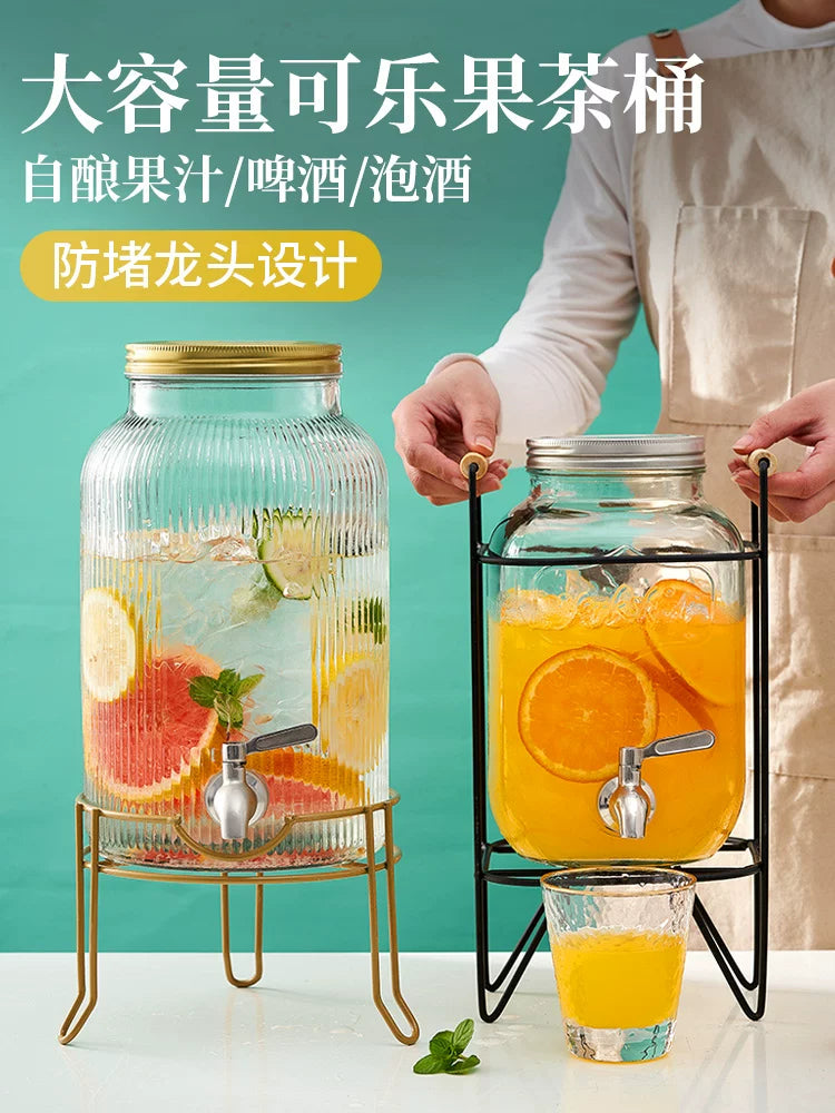 Glass Cold Water Pitcher with Faucet, Beverage Dispenser for Commercial and Home Use, Refrigerator Water Container, Fruit Tea Bucket