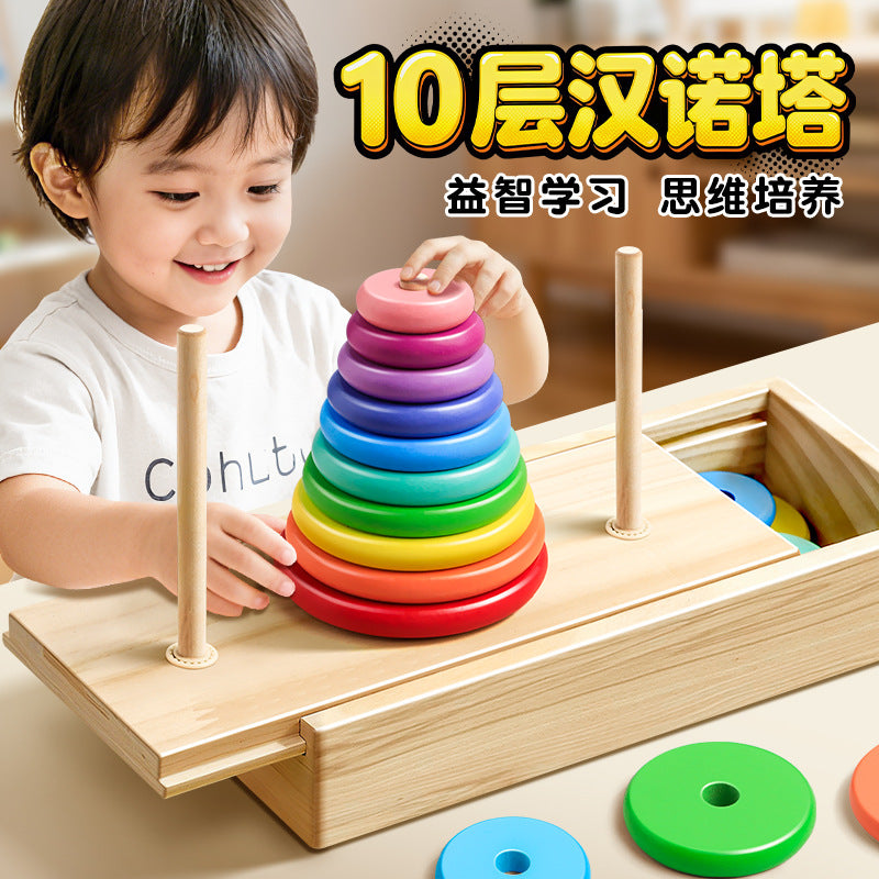 Rainbow Stacking Tower Hanoi Toddler Educational Toy for Color and Size Recognition