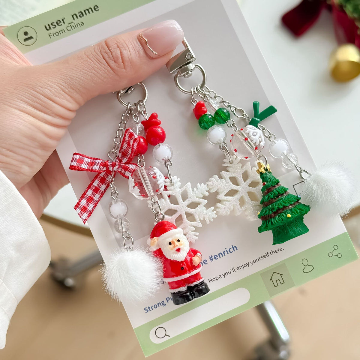 Beaded Christmas Santa Claus & Tree Phone Charm Keychain Bag Ornament