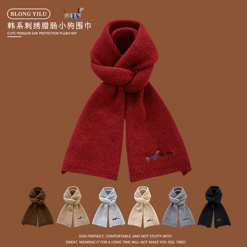 Korean Style Embroidered Dog Knitted Scarf for Women, Autumn/Winter Warm & Cold-Proof