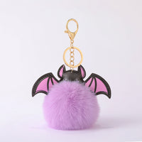Halloween Colorful Bat Pom Pom Keychain Plush Bag Charm Car Accessory