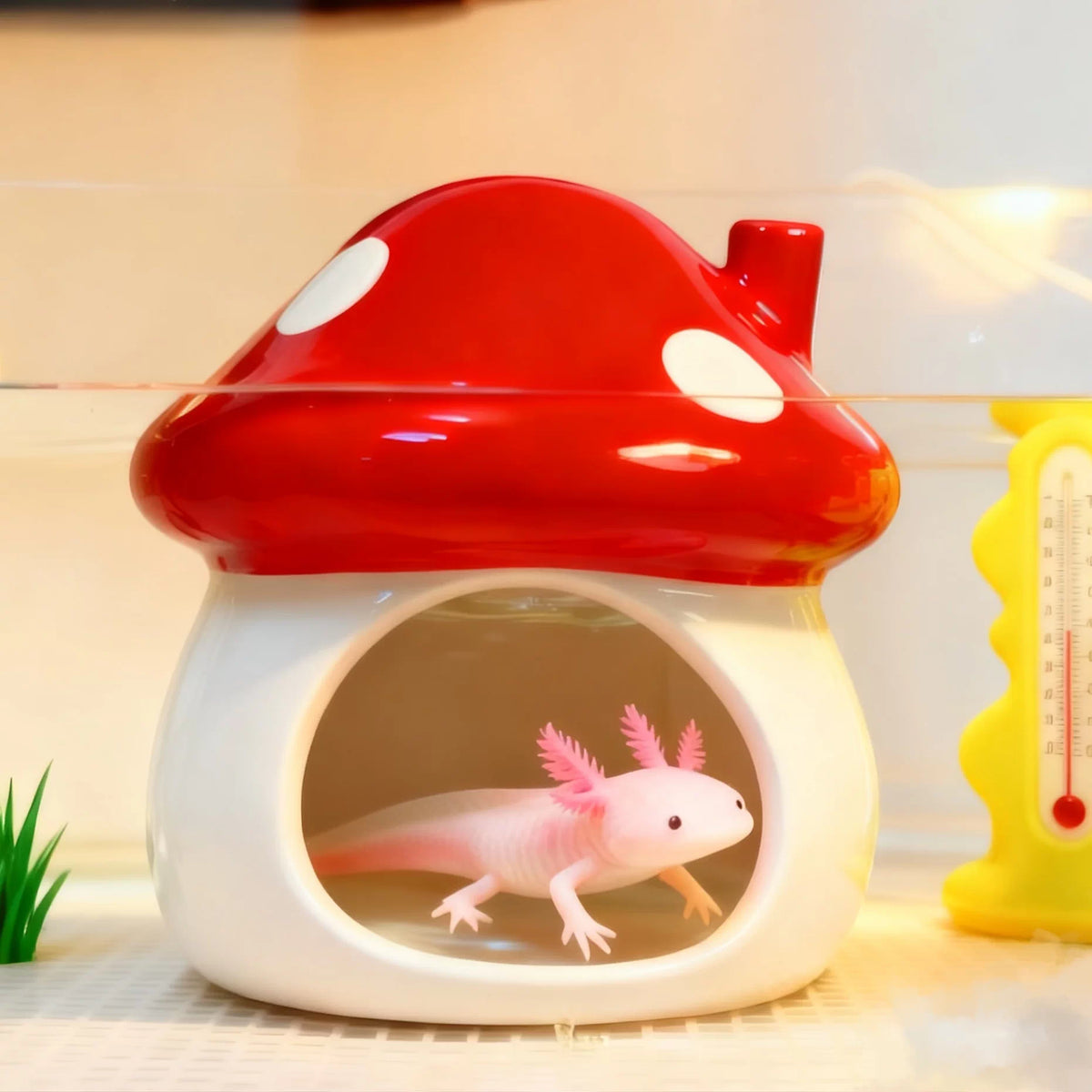 Ceramic Mushroom Hideaway Cave for Axolotl, Newt, Turtle, and Fish Tanks