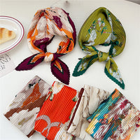Pleated Square Silk Scarf for Women, Korean Style Fashion Necktie Headband Handbag Accessory