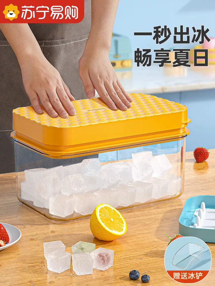 Large Capacity Silicone Ice Cube Tray with Storage Bin and Press Lid for Freezer