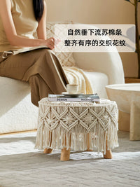 Nordic Solid Wood Stool with Cotton Rope Woven Seat, Japanese Style Round Ottoman for Living Room, Coffee Table, or Sofa Footrest